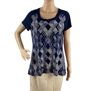 Susan Lawrence Navy Geometric Print Short Sleeve Top Size M